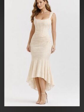 Aurora Noir Aurelia Ivory High-Low Ruched Midi Dress